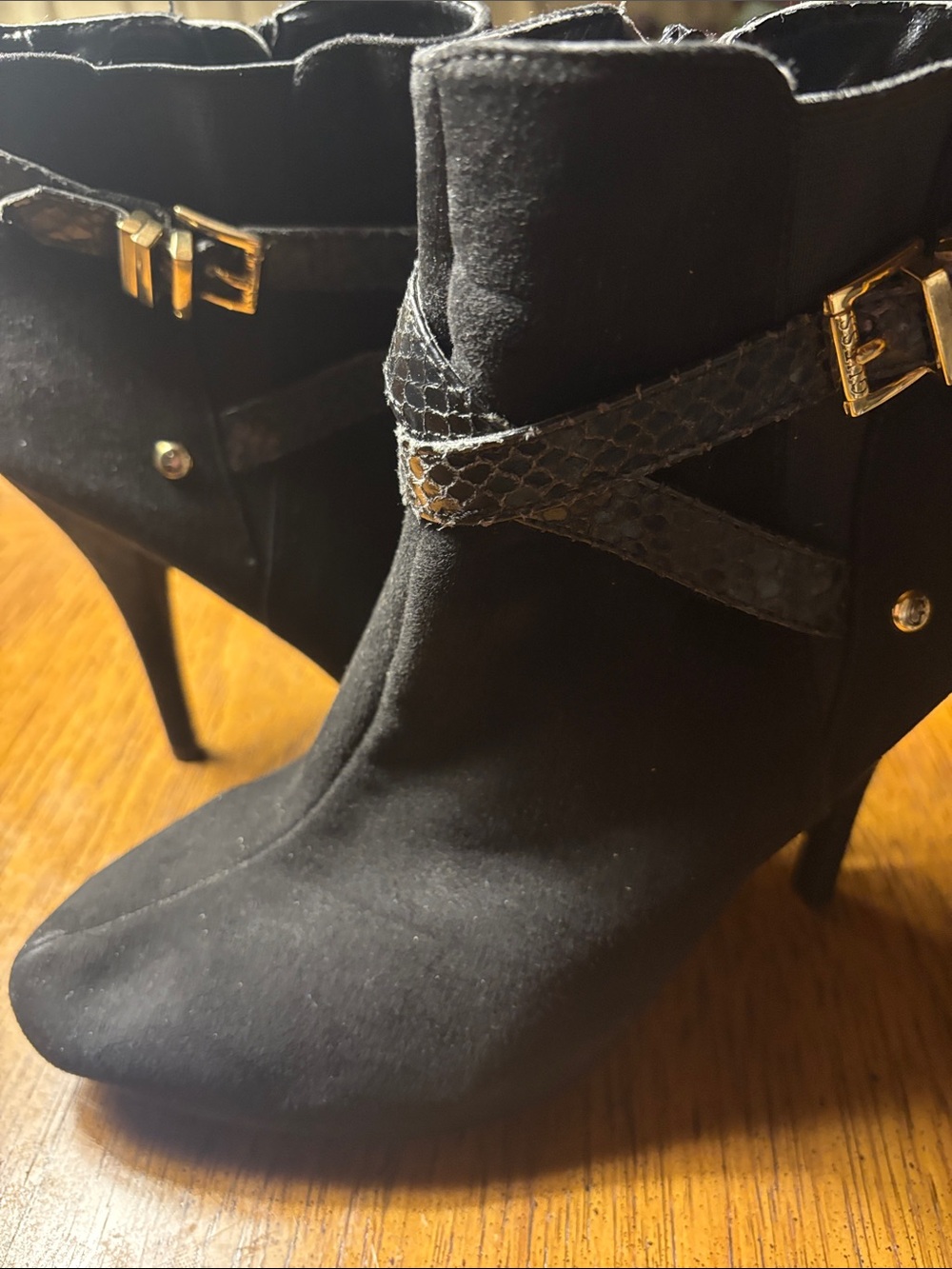 Guess Black Suede Stiletto Ankle Boots with Gold Accents